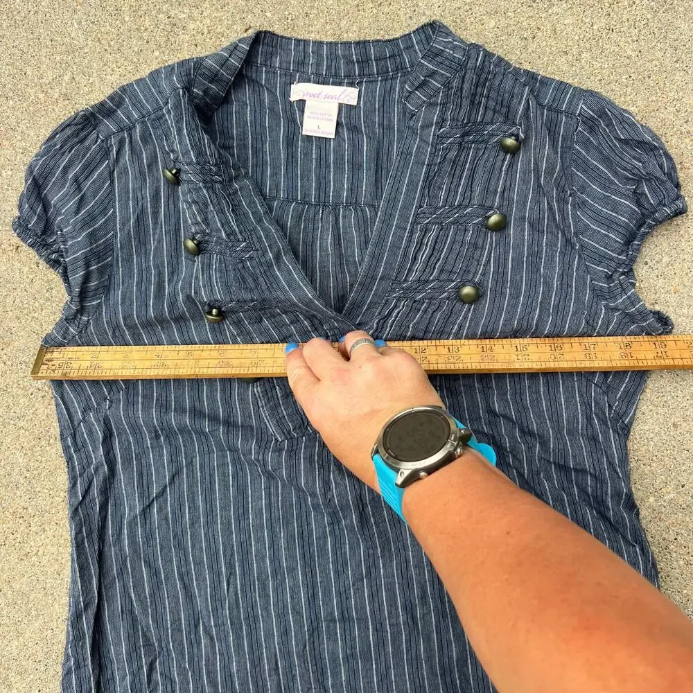 Vintage Y2K Wet Seal Navy Blue Pinstripe Military Pirate Babydoll Blouse LARGE - Picture 5 of 6